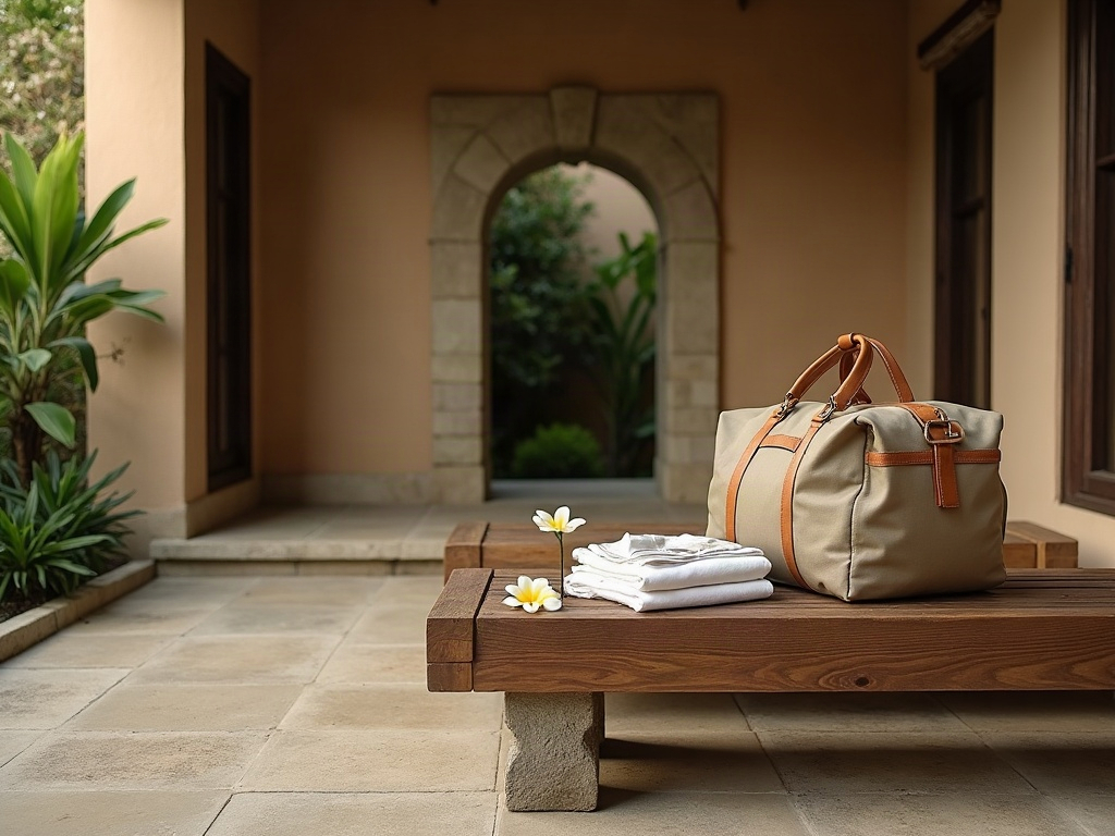 Packed travel bag on a teak bench in a Bali villa courtyard at dawn before an early flight east