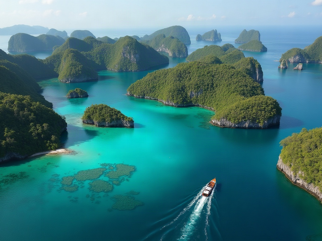 Aerial view of forested karst islets and turquoise lagoons in the Raja Ampat region of West Papua