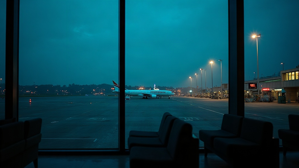 Pre-dawn view of a jet on a floodlit airport apron, the kind of early departure used on the Bali to Sorong route